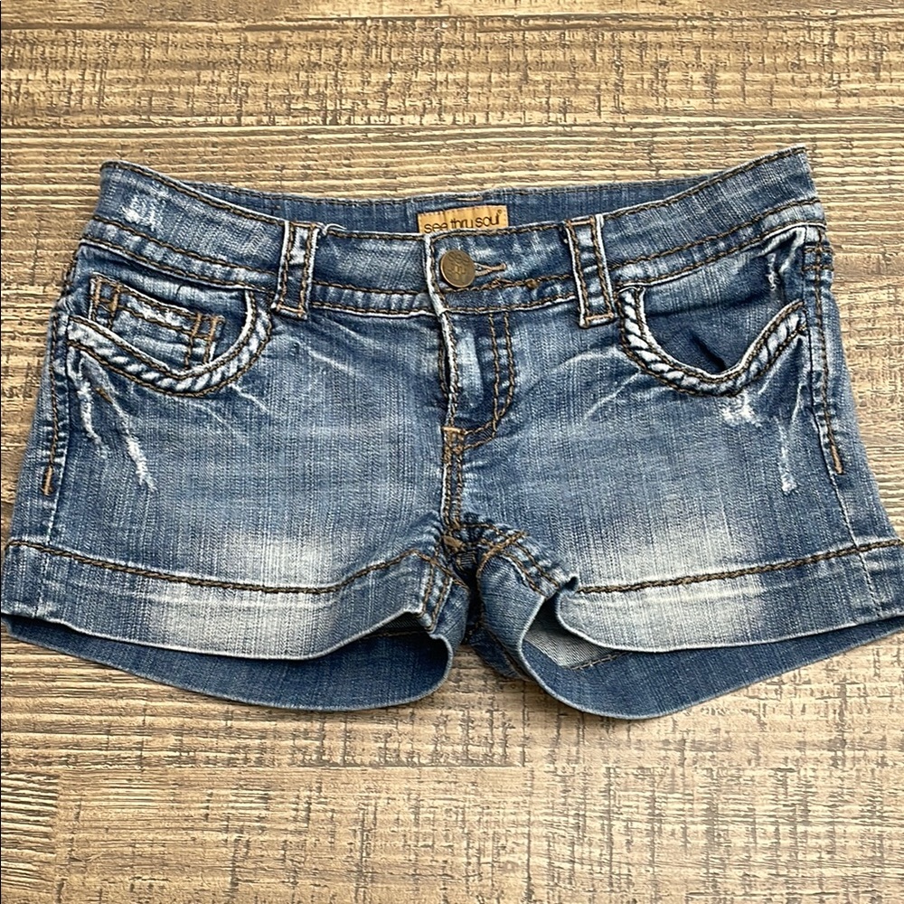 See Thru Soul Medium Blue Faded Denim Shorts